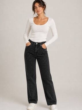Zara Rhinestone Embellished Jeans Strait Leg Jeans Black Wash Denim Size 6